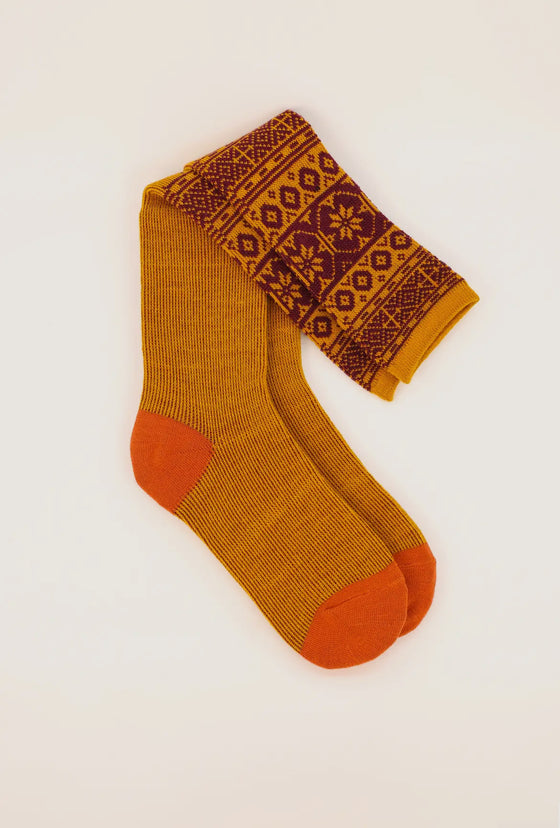 Fair Isle Star Boot Socks - Mustard/Damson