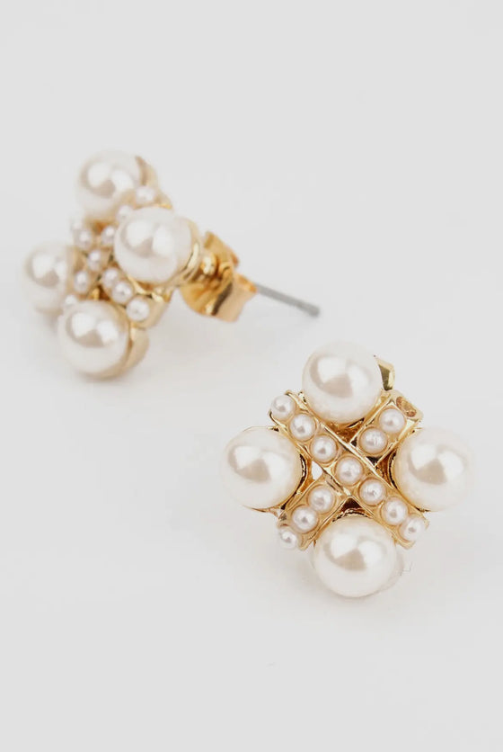 Pearl And Gold Cross Stud Earrings