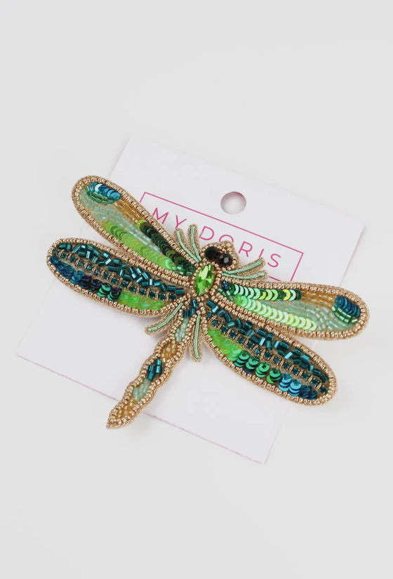 Green Beaded Dragonfly Brooch