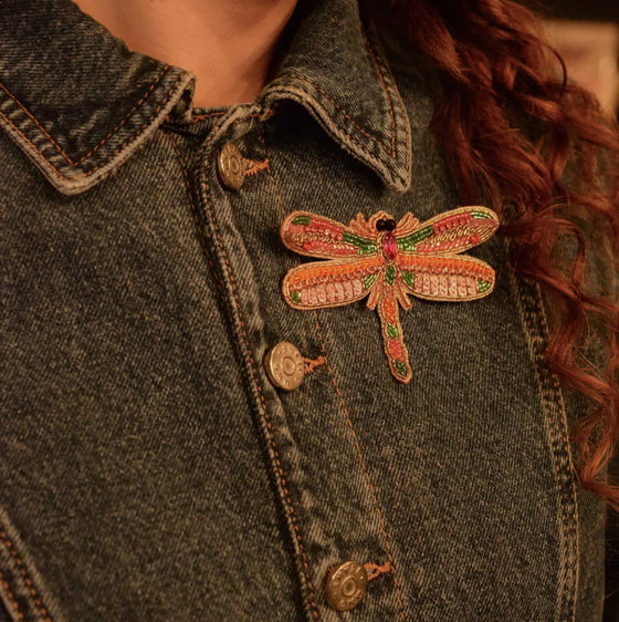 Pink Beaded Dragonfly Brooch